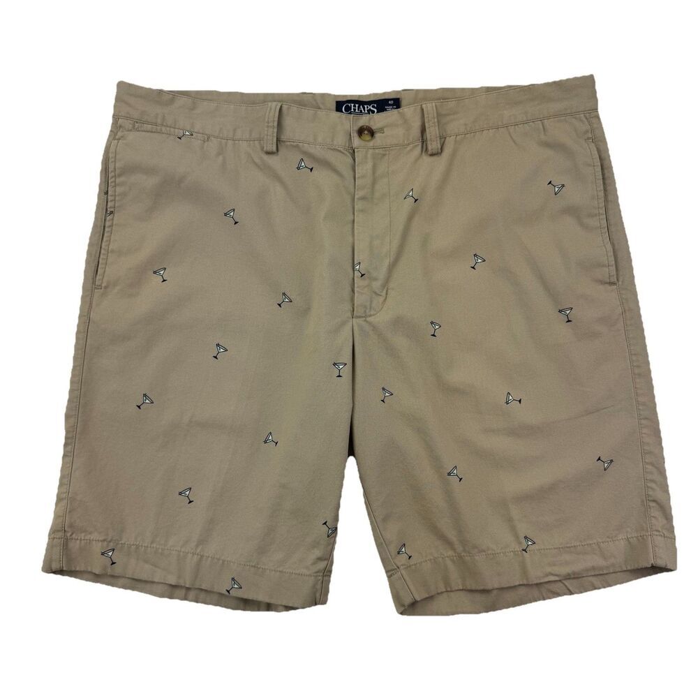 Chaps Khaki Shorts Mens 40 Martini Glass Embroidered Novelty Cotton Chino